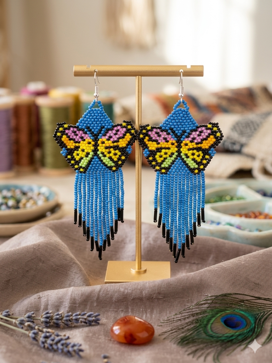 Blue Beaded Dancing Wing Earrings