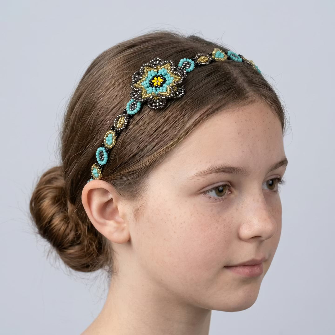 Beaded Headband with Flower Turquoise