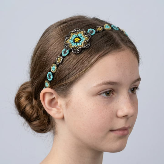 Beaded Headband with Flower Turquoise