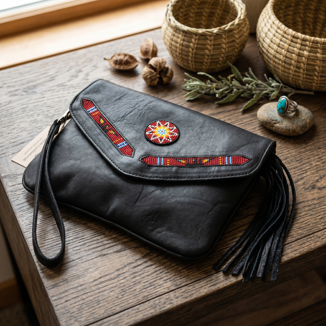 Leather beaded Crossbody bag(Black)