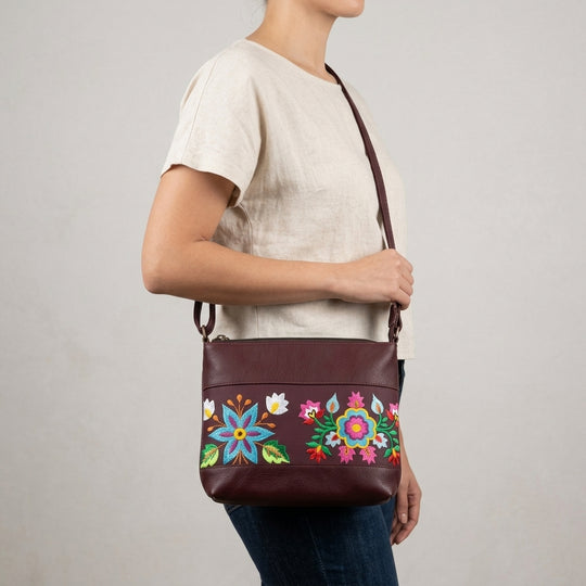 Flower Embroidered Leather Crossbody Bag