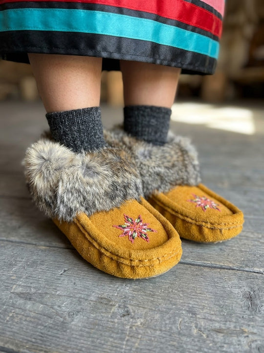 Yellow Moccasins with Beadwork (Size 7)