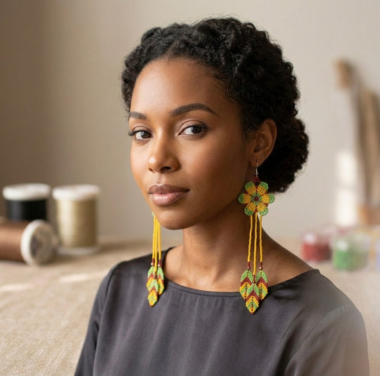 Sun Feather Bloom Beaded Earrings- Neon & Red
