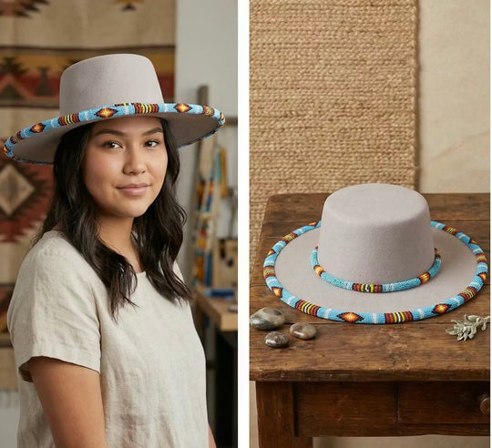 Size-60 Beaded Flat-Brim Felt Hats