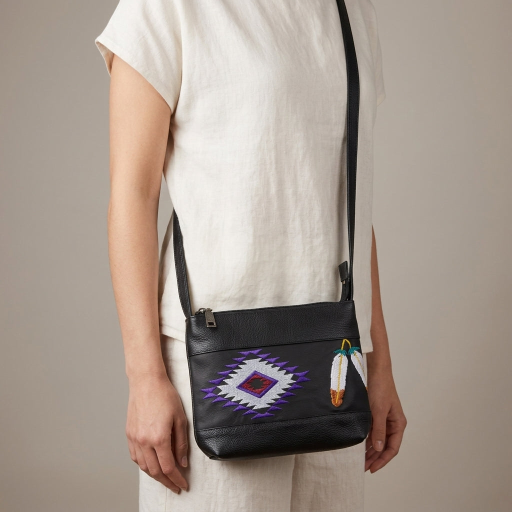Feather Embroidered Leather Crossbody Bag