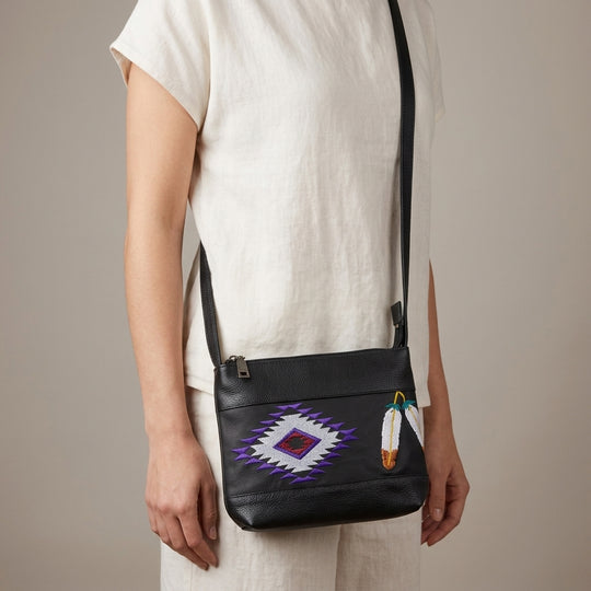 Feather Embroidered Leather Crossbody Bag