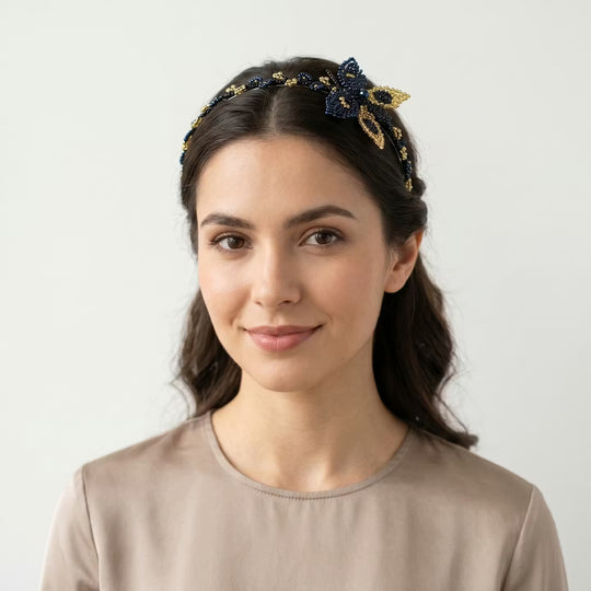 Beaded Headband with Butterfly Blue