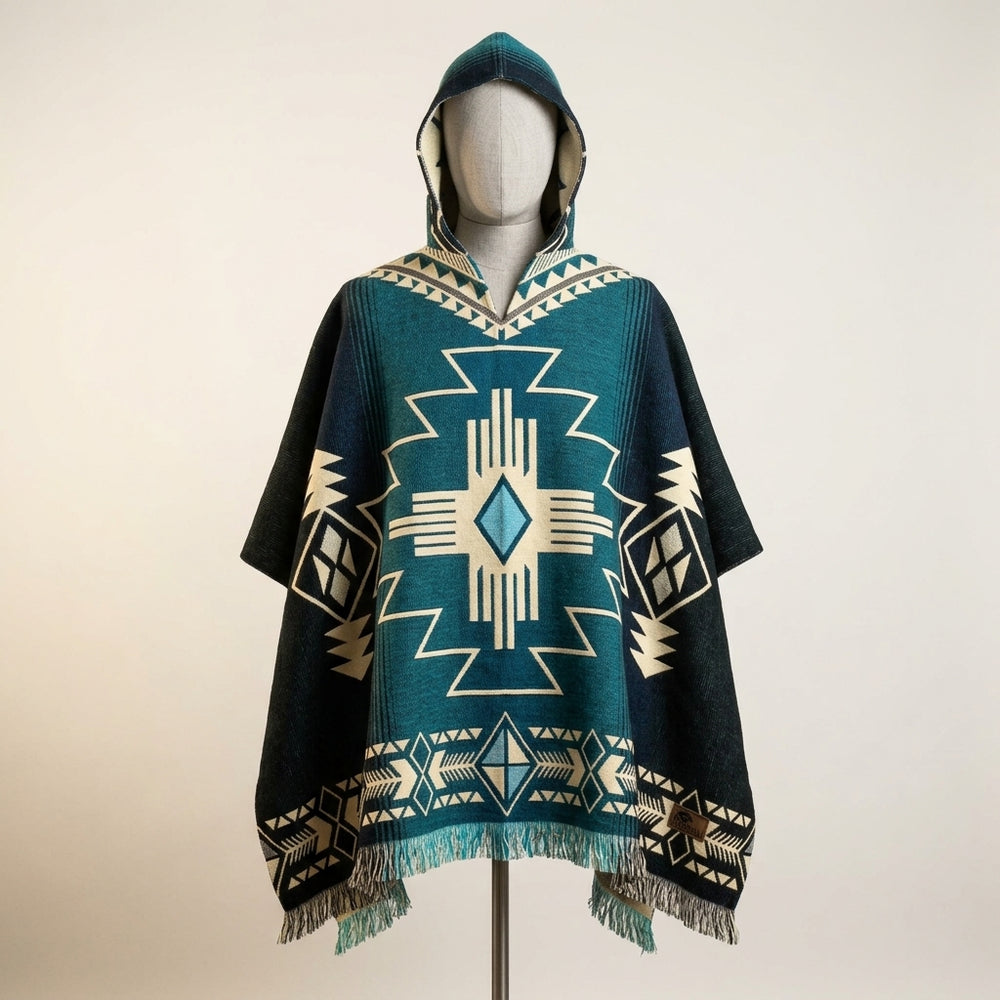 Southwestern Aztec Print Hooded Poncho