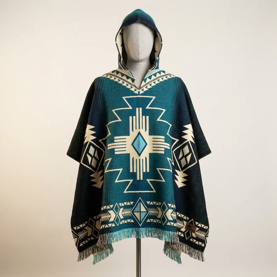 Southwestern Aztec Print Hooded Poncho