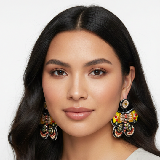Butterfly Beaded Earrings - Yellow and Orange