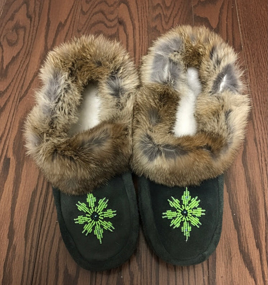 Black and Green Moccasins with Beadwork (Size 10)