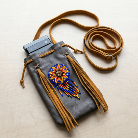 Beaded Suede Phone Pouch ~ Brown