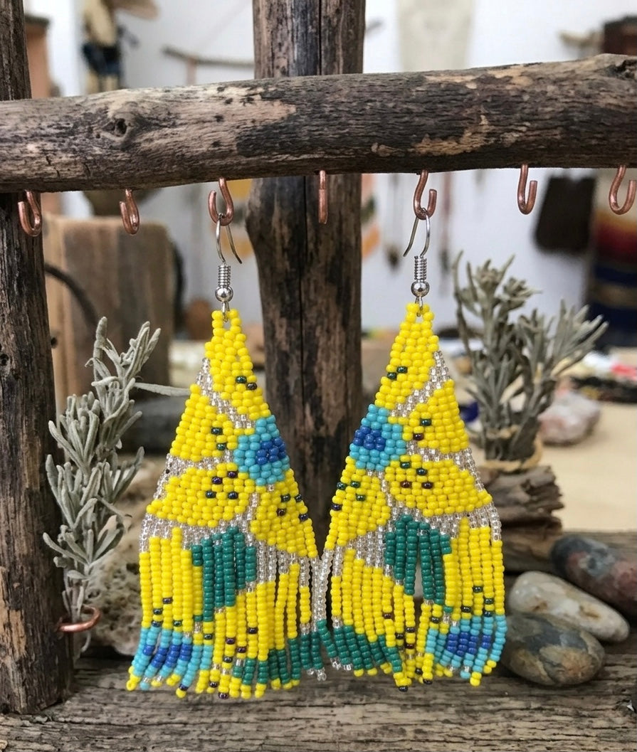 Flower Fringe Beaded Earrings (Yellow)