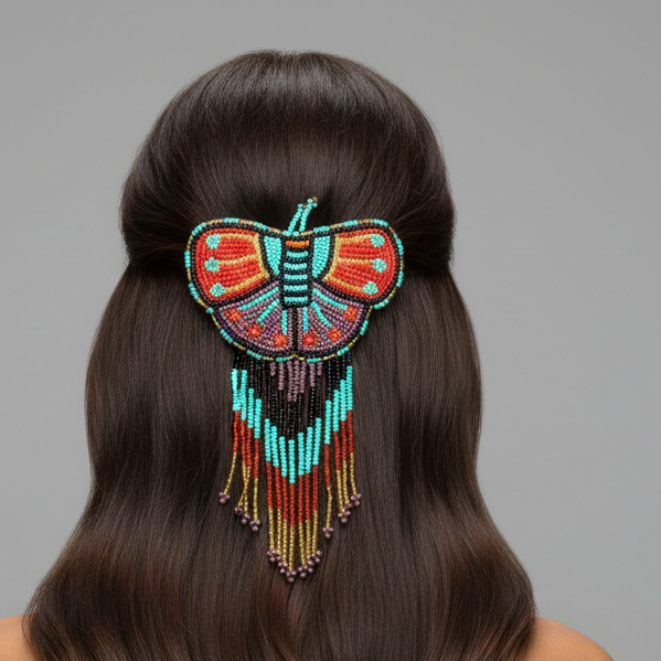 OLDTRIBES Butterfly Beaded Barrette with Fringes- Red and Turquoise