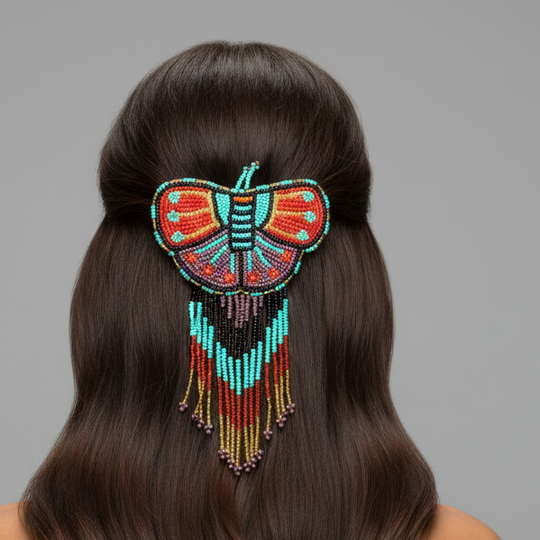 Butterfly Beaded Barrette with Fringes- Red and Turquoise