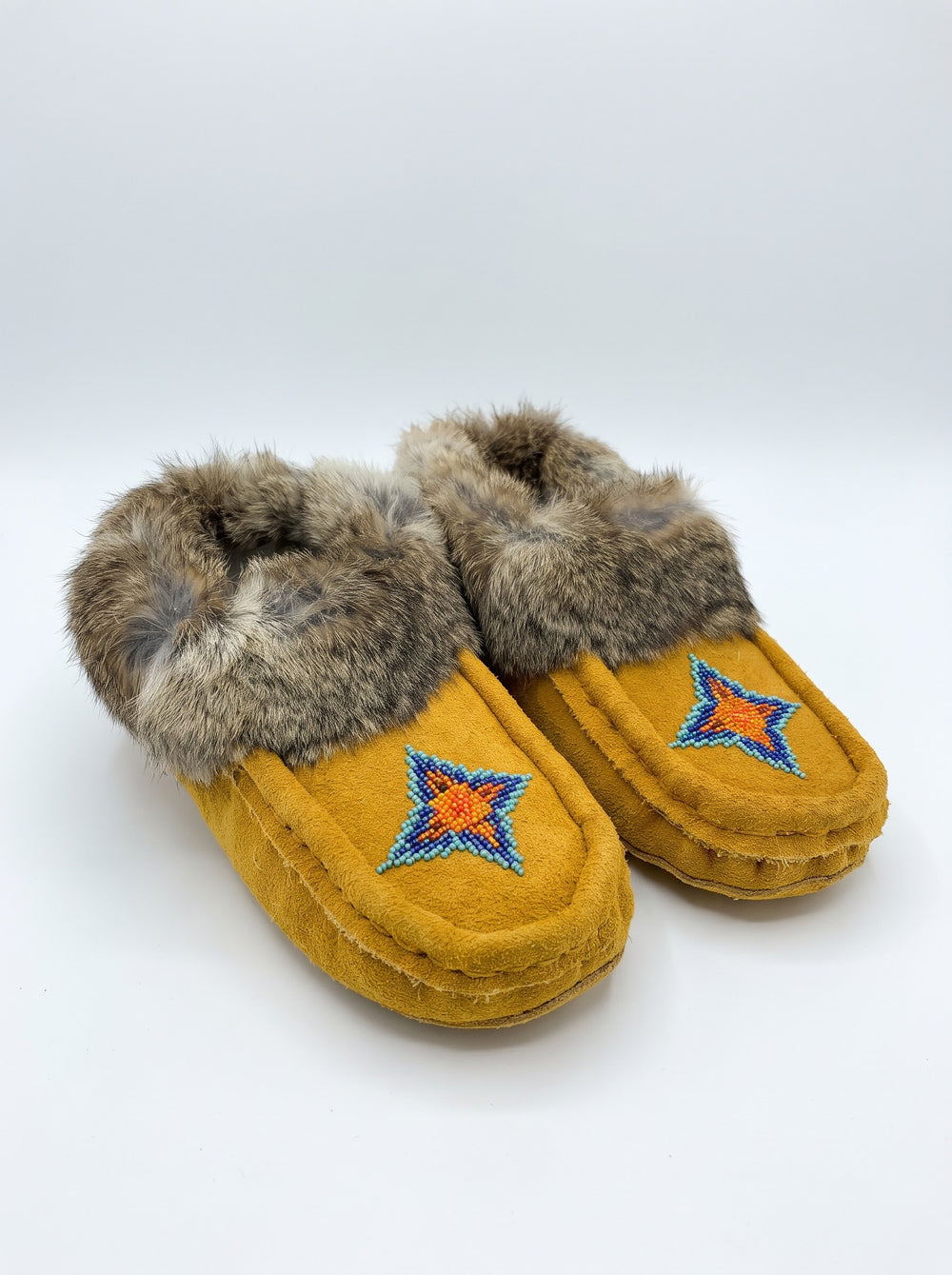 Yellow Moccasins with Beadwork (Size 8)