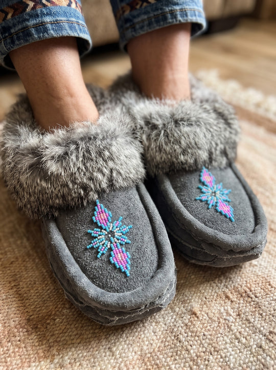 Grey Moccasins with Beadwork (Size 8)