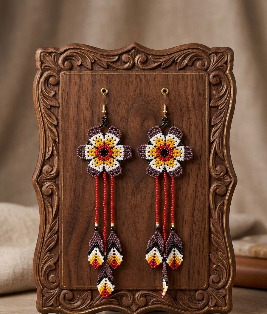Sun Feather Bloom Beaded Earrings- r yellow/red