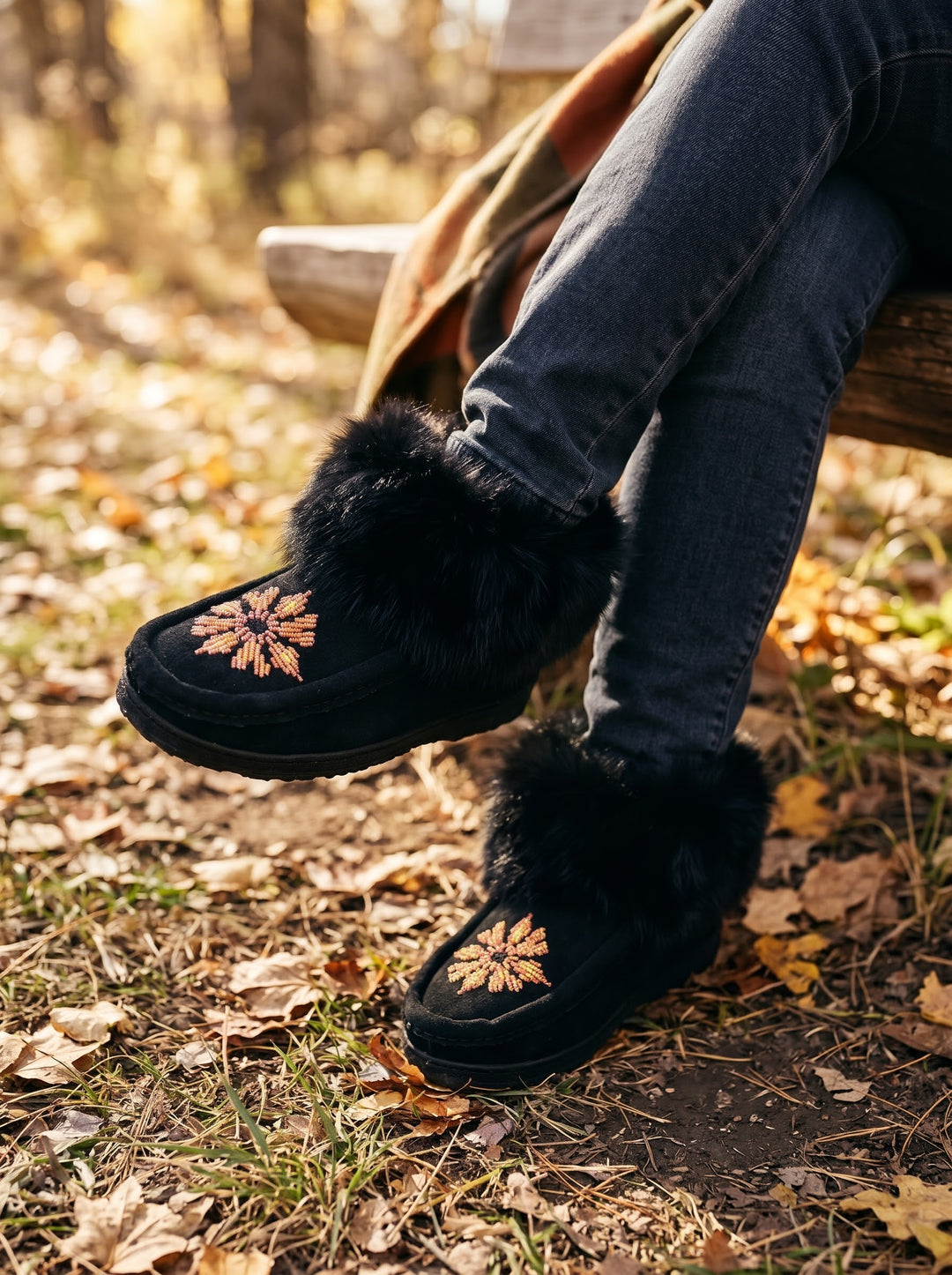 Black Moccasins with Beadwork (Size 7)