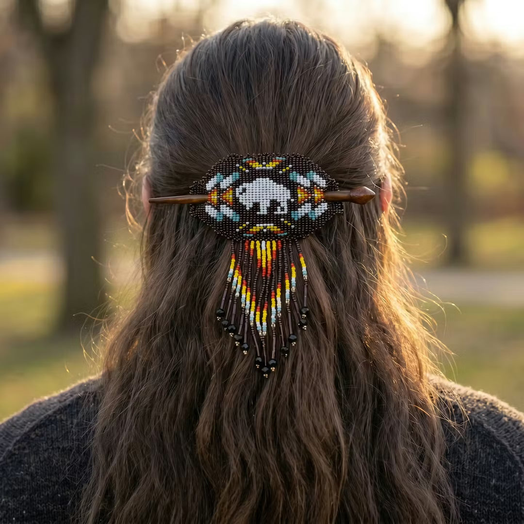 Buffalo Fringed Beaded Barrette & Wooden Stick