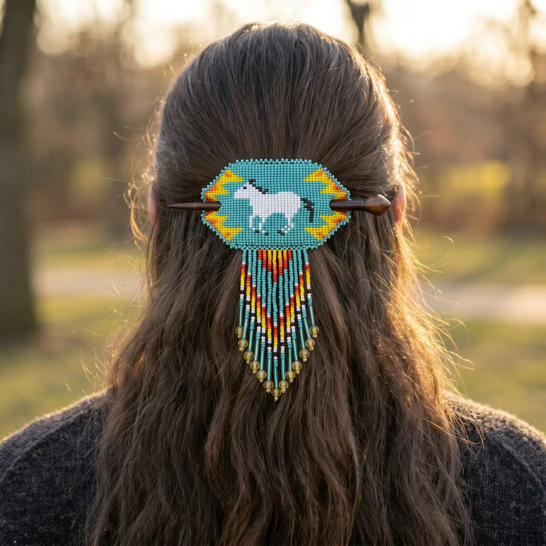 Fringed Beaded Barrette & Wooden Stick Horses