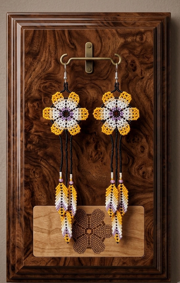 Sun Feather Bloom Beaded Earrings-yellow/black