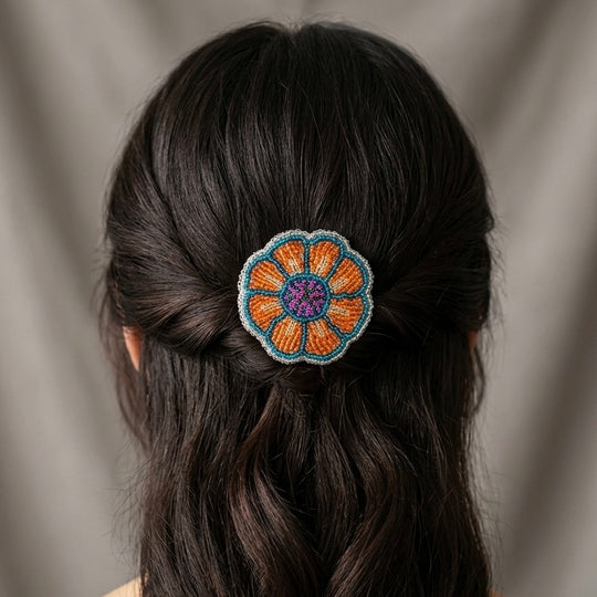 Silver Beaded Flower Barrette