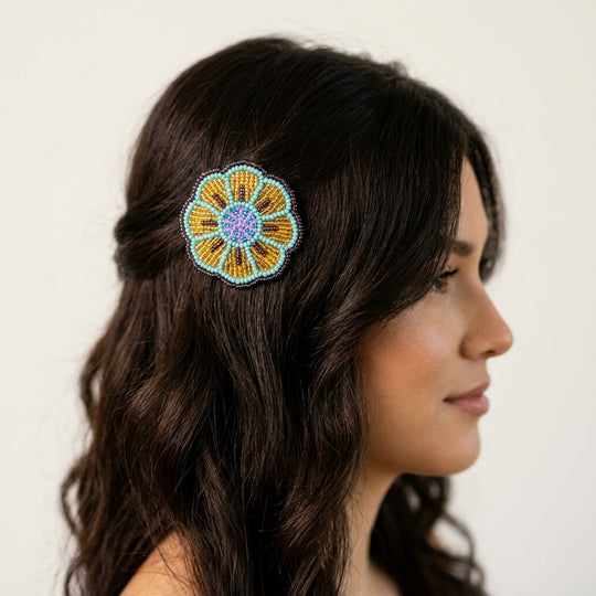 Turquoise Beaded Flower Barrette