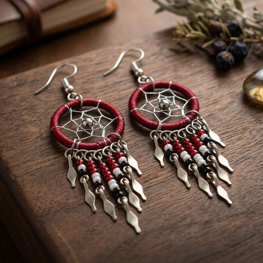 OLDTRIBES™ burgundy beaded dream catcher earrings