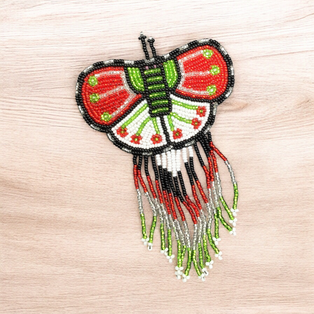 Butterfly Beaded Barrettes with Fringes Red& Green