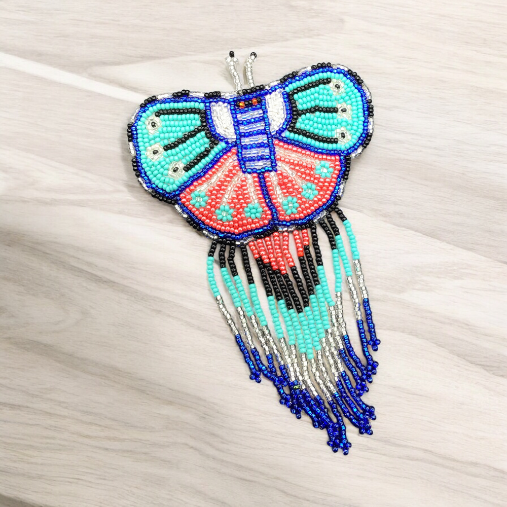 Butterfly Beaded Barrettes with Fringes Turquoise & Red