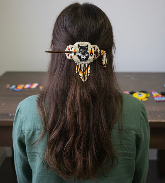 Wolf Fringed Beaded Barrette & Wooden Stick