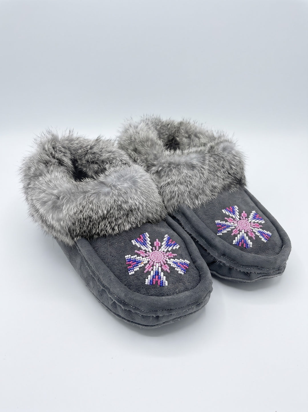 Grey Moccasins with Beadwork (Size 10)
