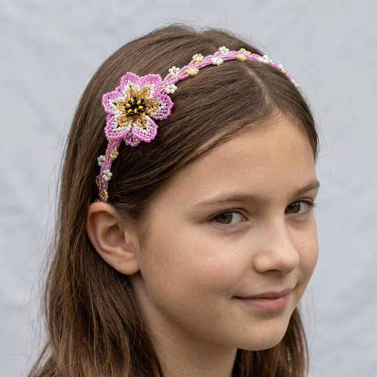 Beaded Headband with Flower Pink