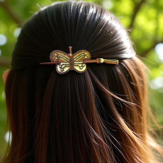 Brown gold Handmade Beaded Butterfly Barrete