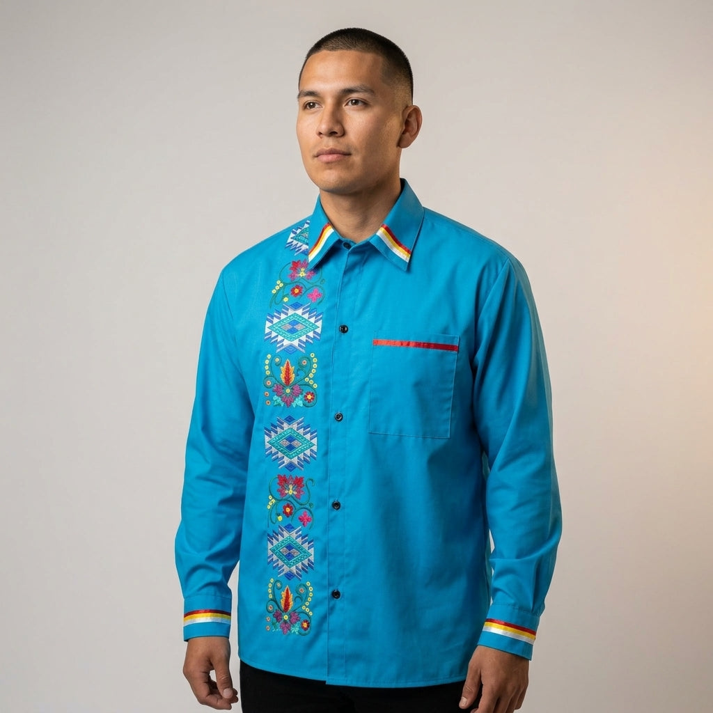 Embroidered blue Ribbon Shirt (Floral)