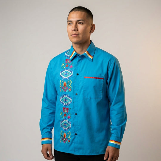 Embroidered blue Ribbon Shirt (Floral)