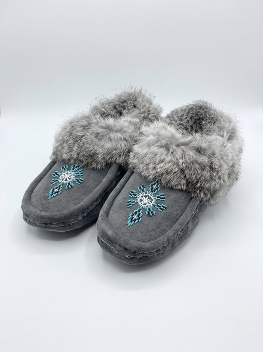 Grey Moccasins with Beadwork (Size 10)
