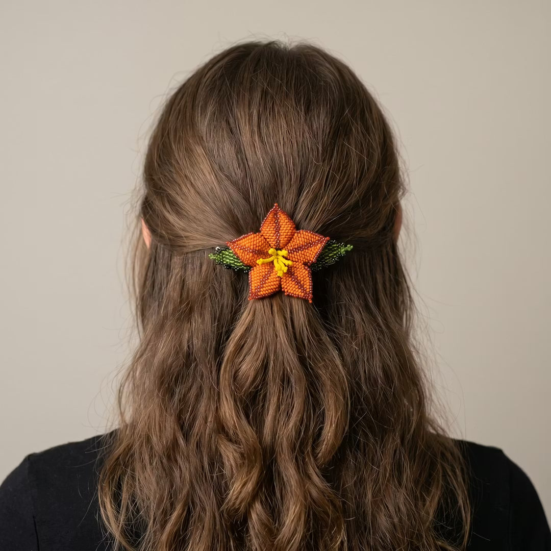 Orange Ember Bloom Beaded Hair Barrette