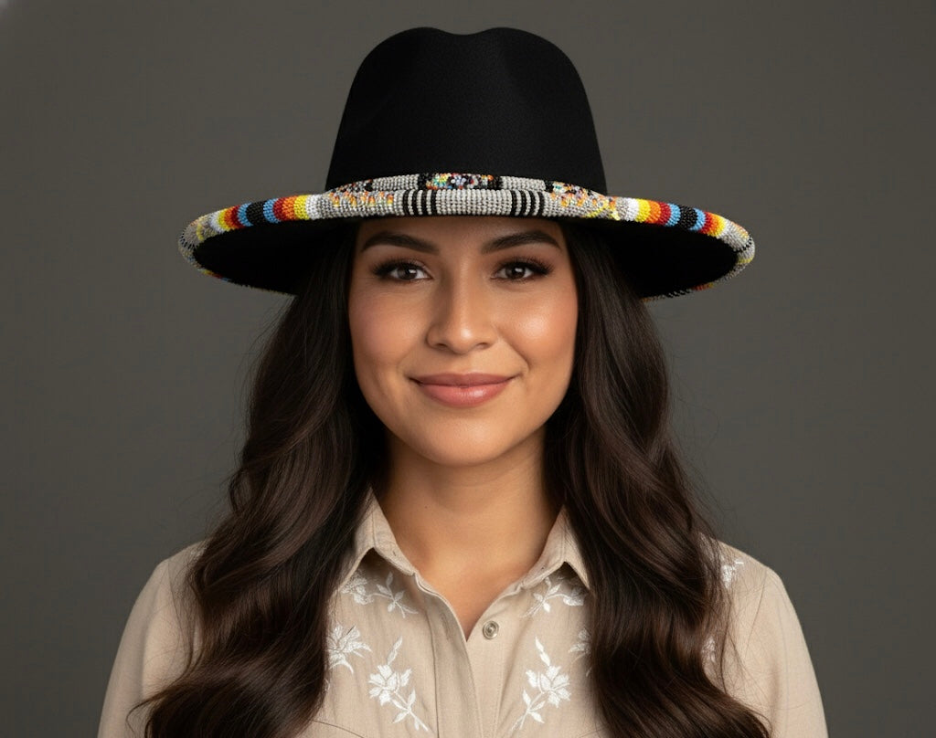 Size-58 Handmade Beaded Hat(Black)