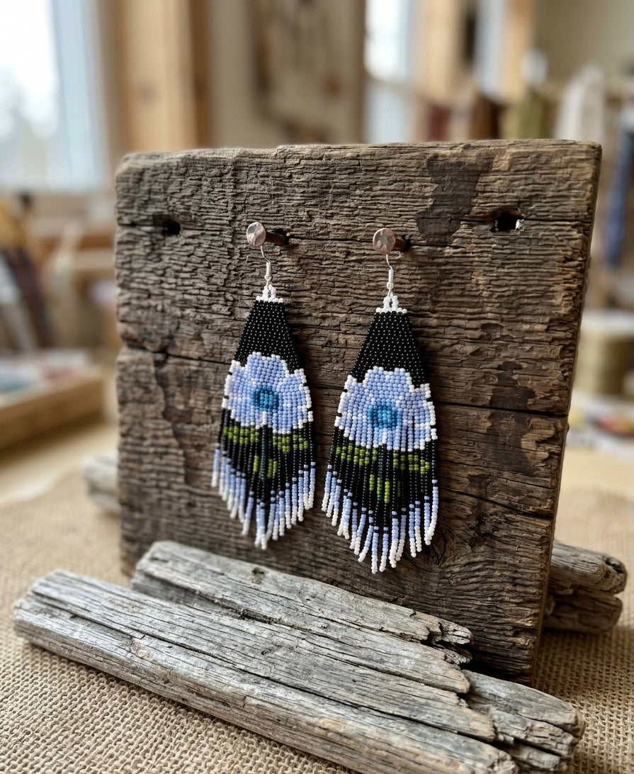 Flower Beaded Earrings ( Blue )
