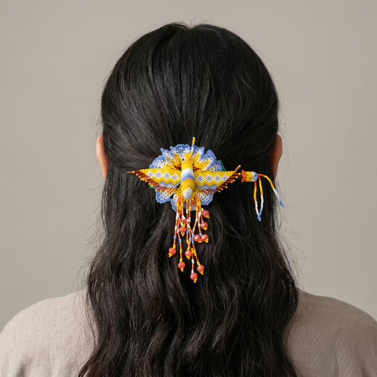 Maple Blossom Hummingbird Beaded Hair Stick Barrette Yellow