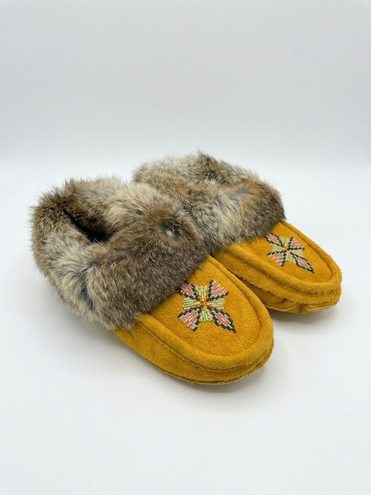 Yellow Moccasins with Beadwork (Size 7)