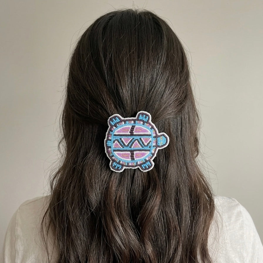 Beaded turtle Barrette Blue accent