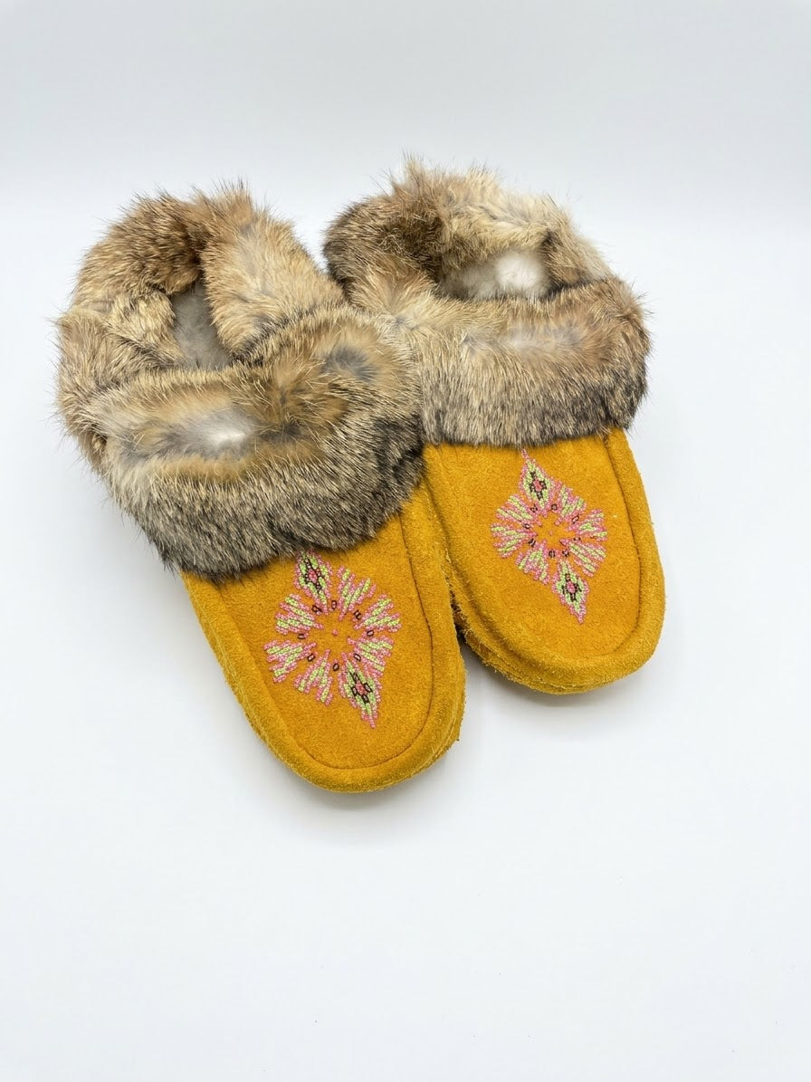 Yellow Moccasins with Beadwork (Size 7)