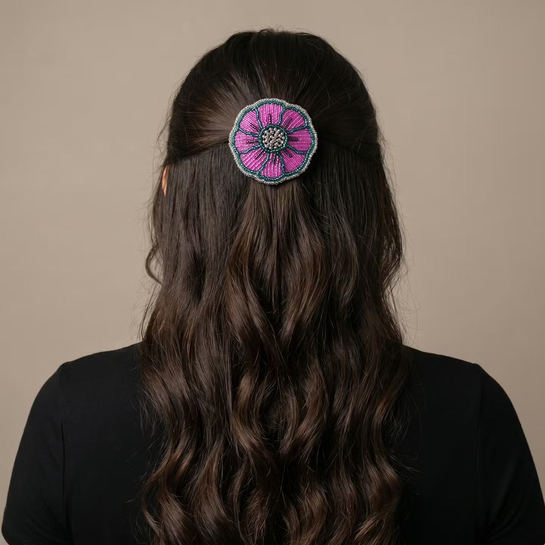 Pink/Purple Beaded Flower Barrette