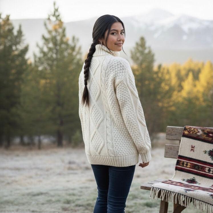 White Cayambe Alpaca Cable Knit Sweater
