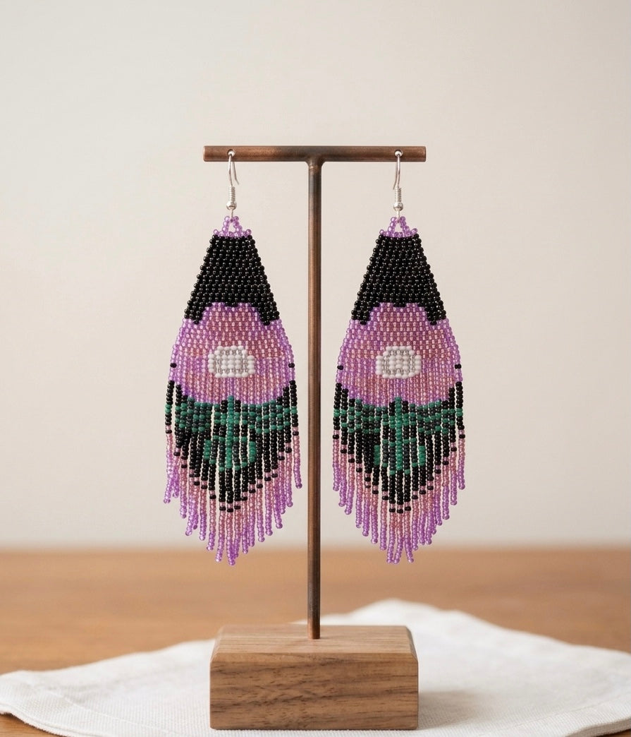 Flower Beaded Earrings ( Purple )