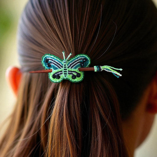 Green Handmade Beaded Butterfly Barrete