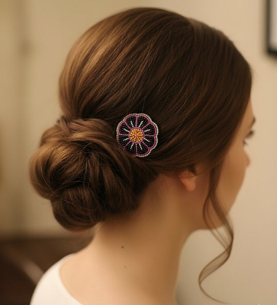 Black and Pink Beaded Flower Barrette